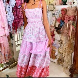 LoveShackFancy Floral Tiered Dress in Pink and Red